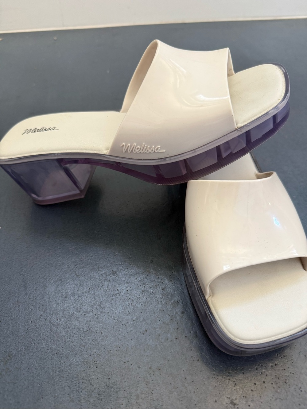 Melissa Women’s White Slide Sandals with Purple Translucent Heel- size 38